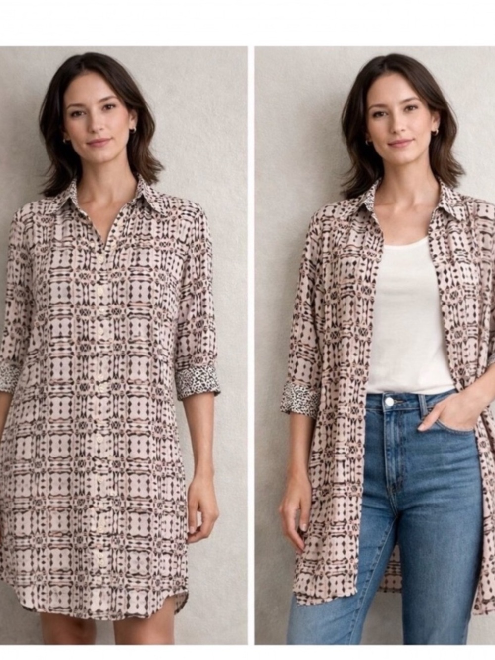 CAbi #784 Colony Club geometric print shirt dress in beige and black Size L